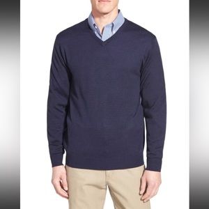 Nordstrom brand Mens 100% Extra Fine Merino Wool V-Neck Sweater Sz XL Navy Blue